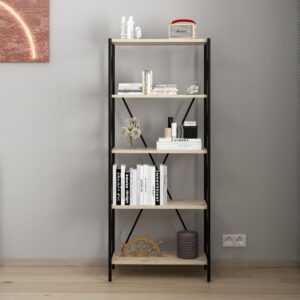Libreria Axel con struttura in metallo nero e 5 mensole in rovere sonoma