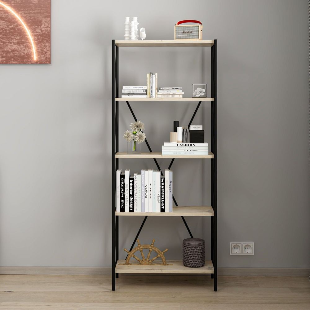 Libreria Axel con struttura in metallo nero e 5 mensole in rovere sonoma Libreria Axel con struttura in metallo nero e 5 mensole in rovere sonoma