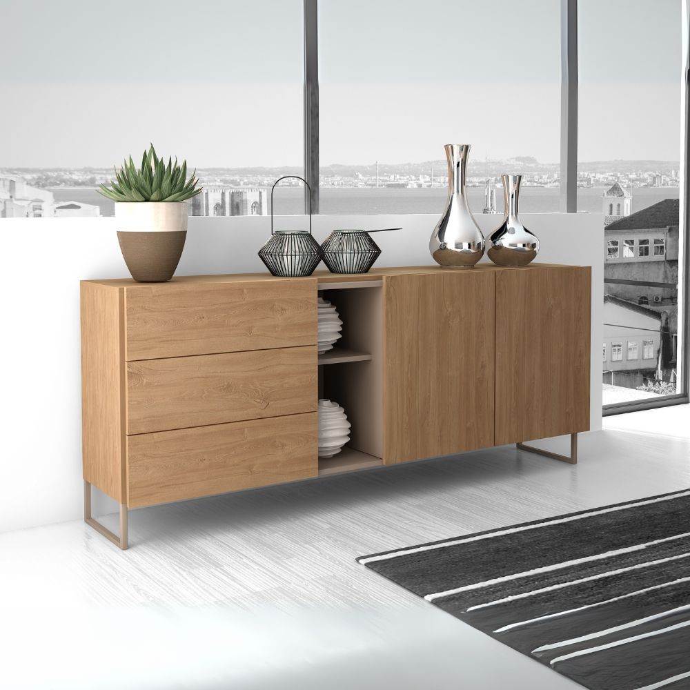 Madia 1055 rovere miele con 3 cassetti 2 ante e nicchie a giorno colore tortora Madia 1055 rovere miele con 3 cassetti 2 ante e nicchie a giorno colore tortora