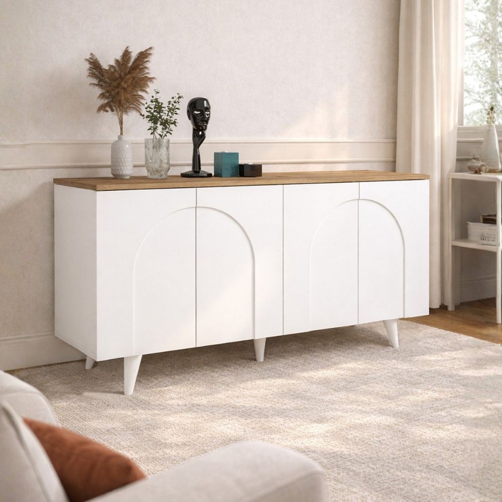 Madia Bono con 4 ante ad arco in colore bianco e piano rovere Madia Bono con 4 ante ad arco in colore bianco e piano rovere