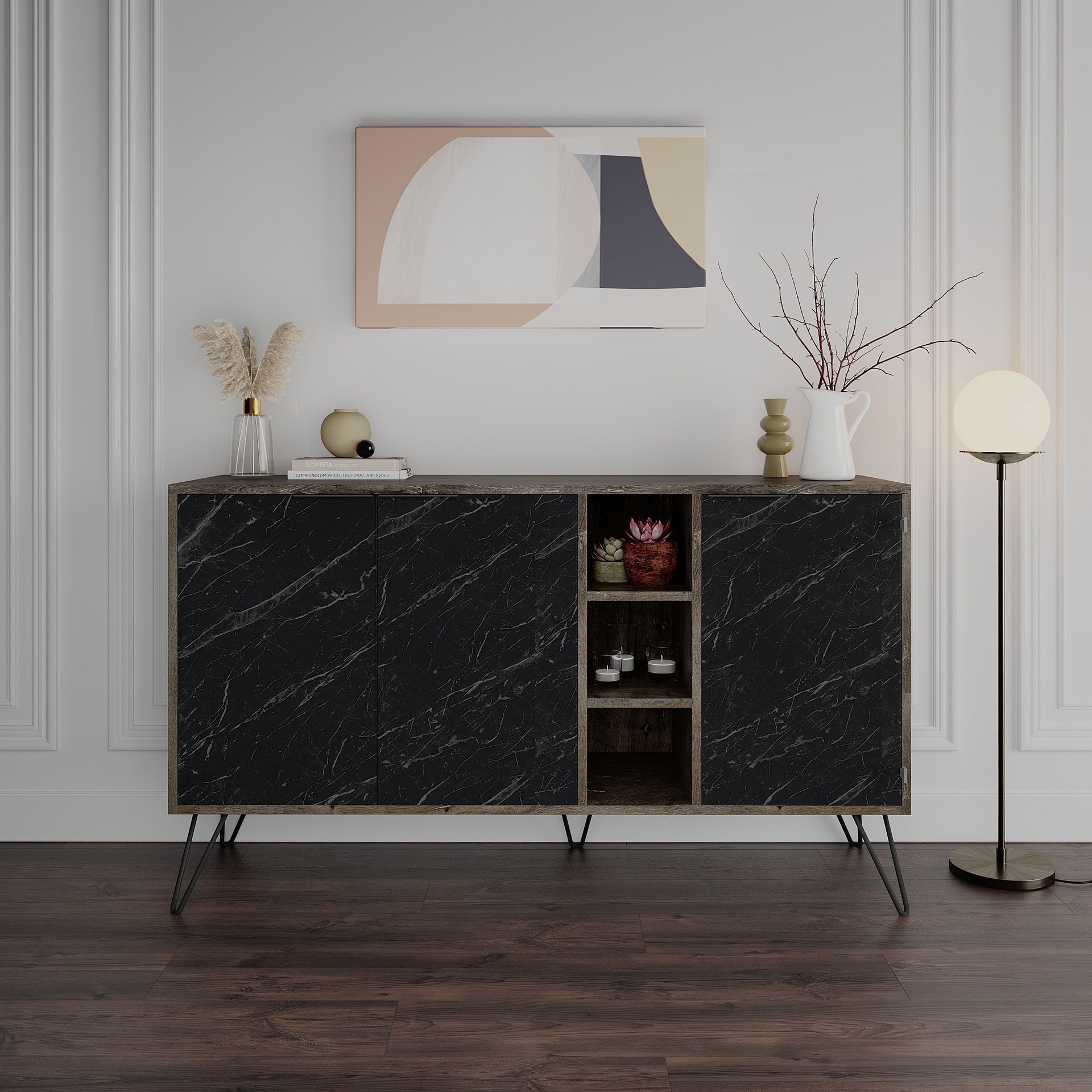 Madia Clara Bendir dark coffe 3 ante effetto marmo nero 142x35,6x83h Madia Clara Bendir dark coffe 3 ante effetto marmo nero 142x35,6x83h