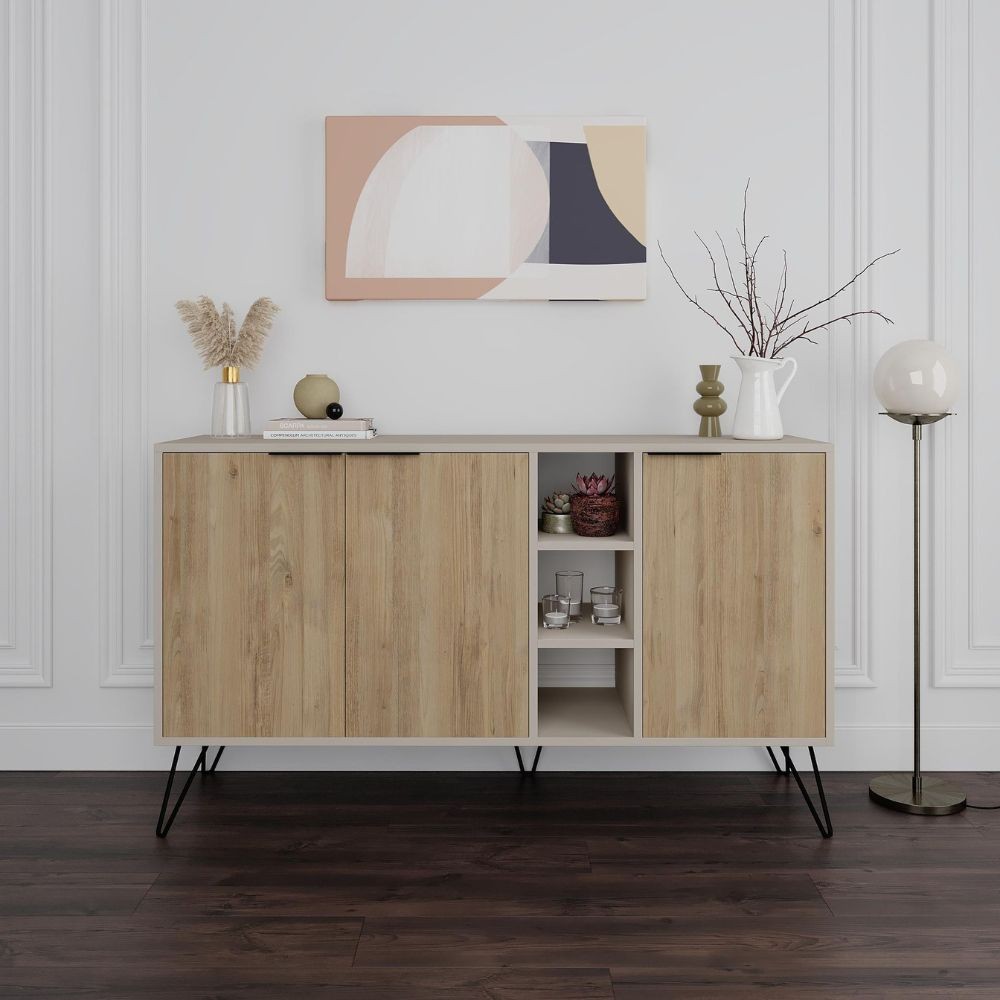Madia Clara con struttura cashmere 3 ante rovere e nicchie a giorno 142x35,6x83h Madia Clara con struttura cashmere 3 ante rovere e nicchie a giorno 142x35,6x83h