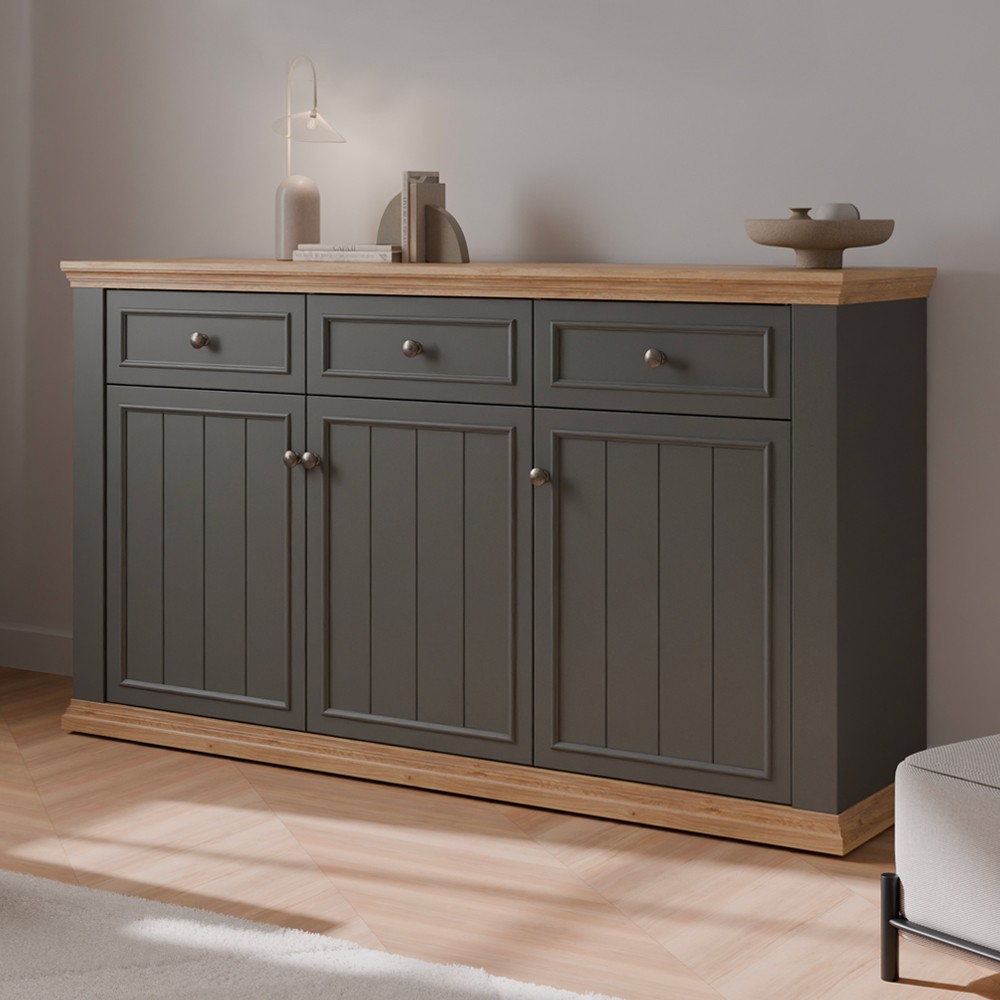Madia Essenza con 3 cassetti e 3 ante in stile classico colore grigio scuro e rovere Madia Essenza con 3 cassetti e 3 ante in stile classico colore grigio scuro e rovere