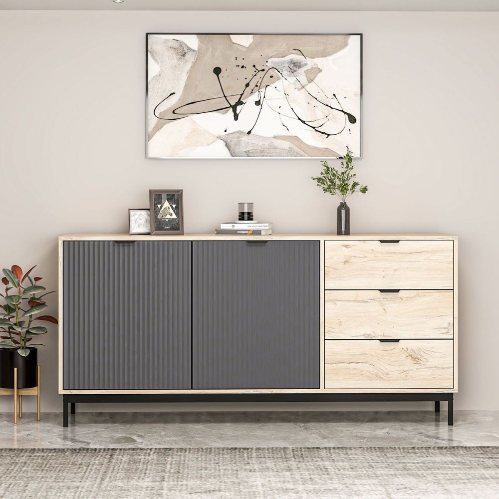 Madia Esta 180 con 2 ante colore antracite effetto cannettato e 3 cassetti rovere sonoma Madia Esta 180 con 2 ante colore antracite effetto cannettato e 3 cassetti rovere sonoma