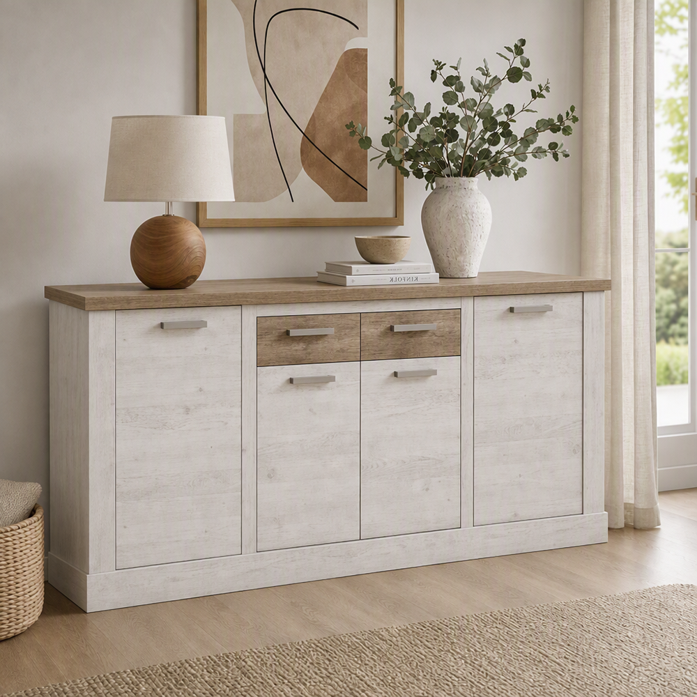 Madia Flux 4 ante in colore pino bianco e 2 cassetti e top rovere antico Madia Flux 4 ante in colore pino bianco e 2 cassetti e top rovere antico