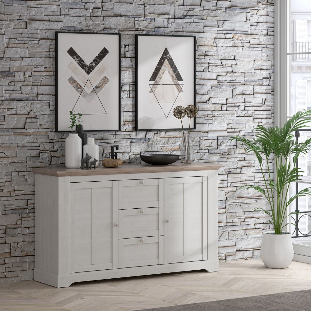 Madia Forma con 3 cassetti e 2 ante colore rovere neve e piano olmo scuro Madia Forma con 3 cassetti e 2 ante colore rovere neve e piano olmo scuro