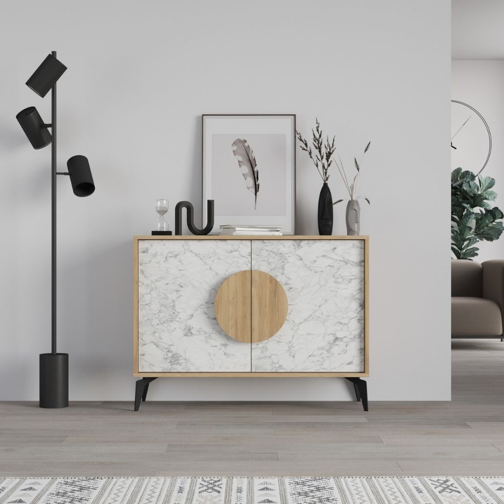 Madia Gora 110 cm struttura colore rovere con ante carrara effetto marmo bianco Madia Gora 110 cm struttura colore rovere con ante carrara effetto marmo bianco