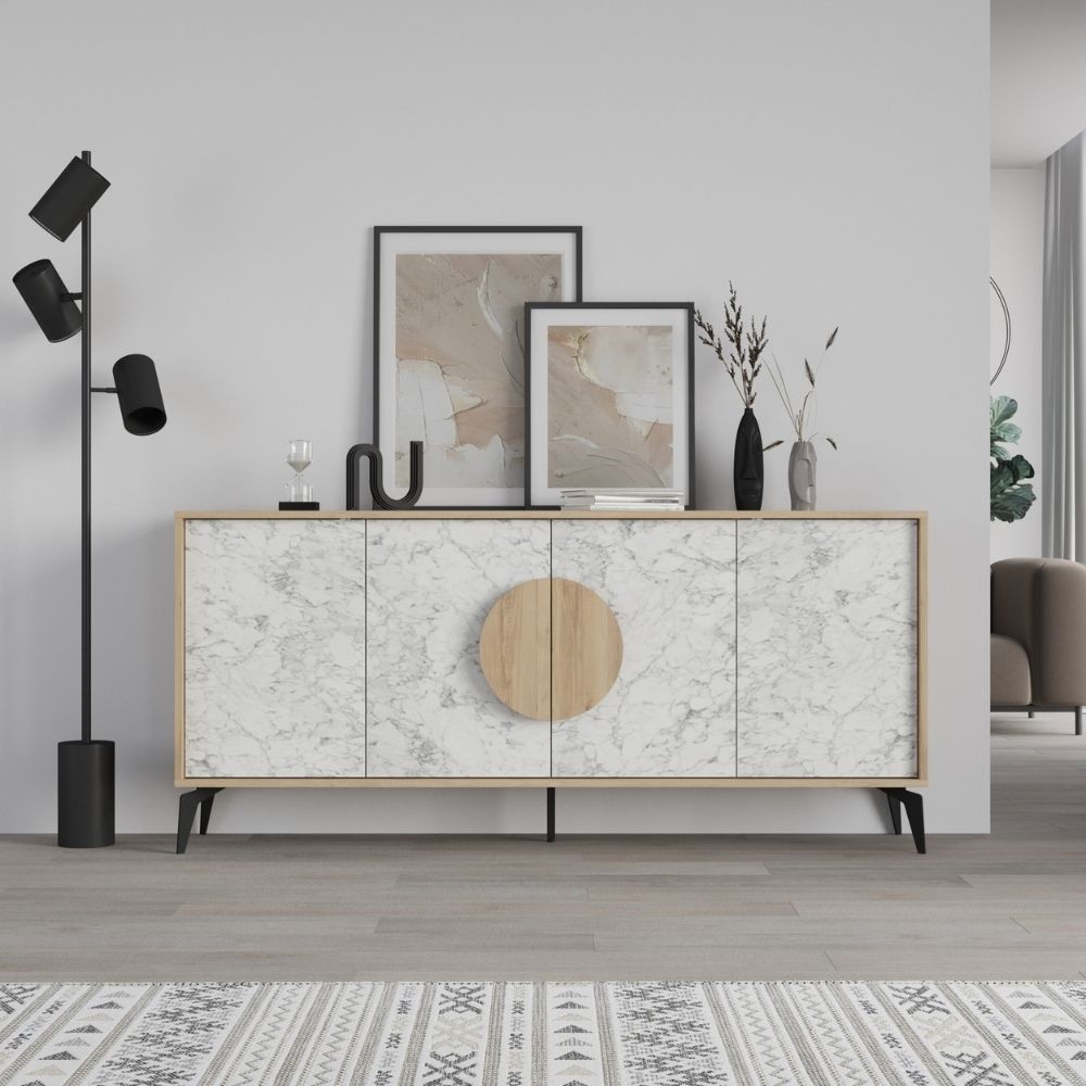 Madia Gora 180 cm struttura colore rovere con ante carrara effetto marmo bianco Madia Gora 180 cm struttura colore rovere con ante carrara effetto marmo bianco