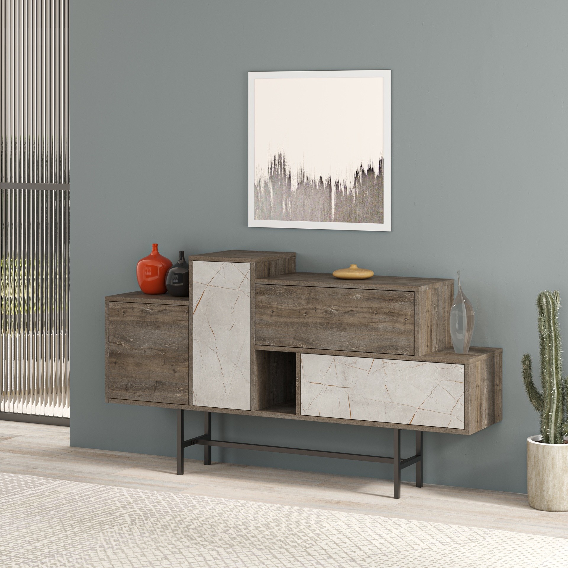 Madia Hermes colore dark coffee con ante e cassetti effetto marmo 160 cm Madia Hermes colore dark coffee con ante e cassetti effetto marmo 160 cm