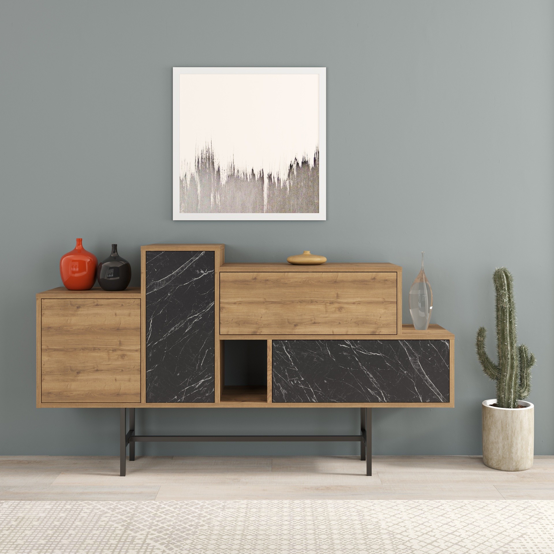 Madia Hermes colore hitit noce con ante e cassetti effetto marmo nero 160 cm Madia Hermes colore hitit noce con ante e cassetti effetto marmo nero 160 cm