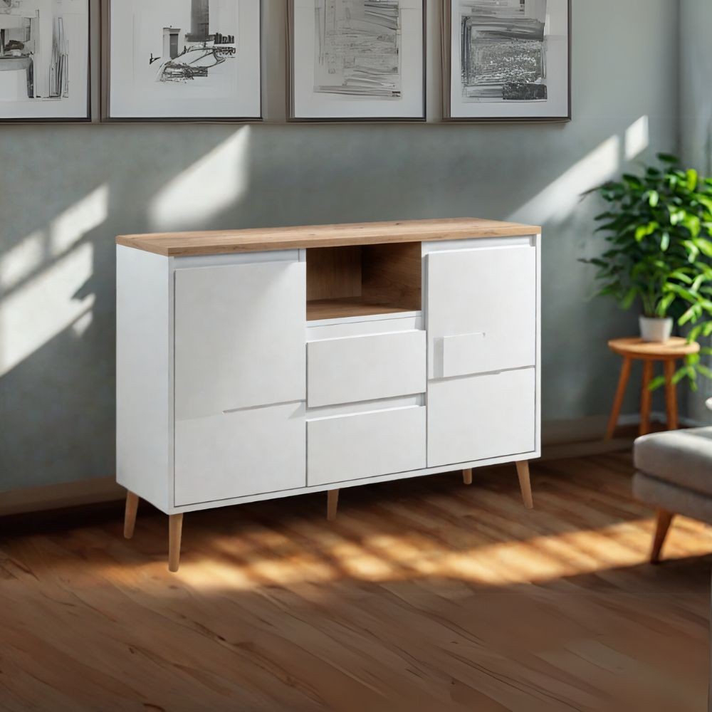 Madia Linz01B 2 ante 2 cassetti con piano e gambe rovere e struttura colore bianco Madia Linz01B 2 ante 2 cassetti con piano e gambe rovere e struttura colore bianco