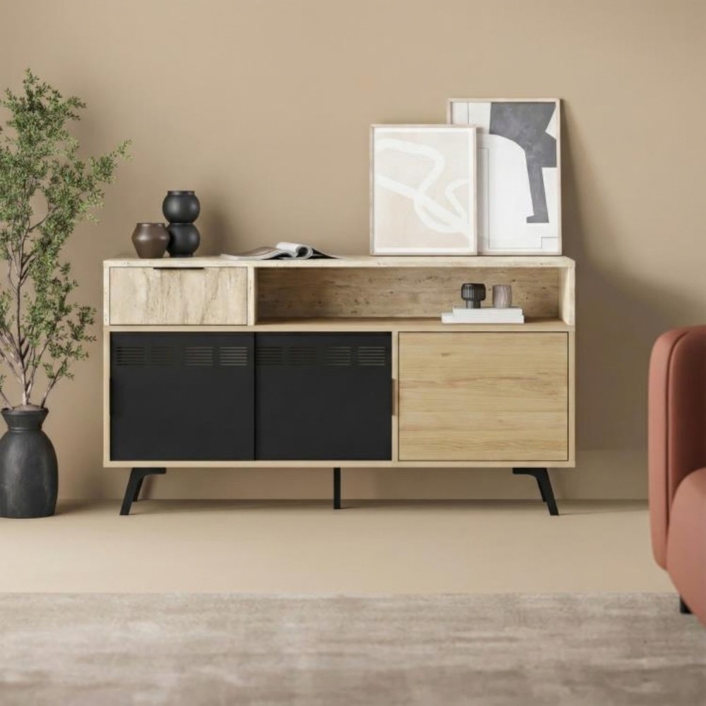 Madia Lulia con 1 cassetto 1 nicchia a giorno 2 ante scorrevoli e 1 anta battente colore rovere e travertino Madia Lulia con 1 cassetto 1 nicchia a giorno 2 ante scorrevoli e 1 anta battente colore rovere e travertino