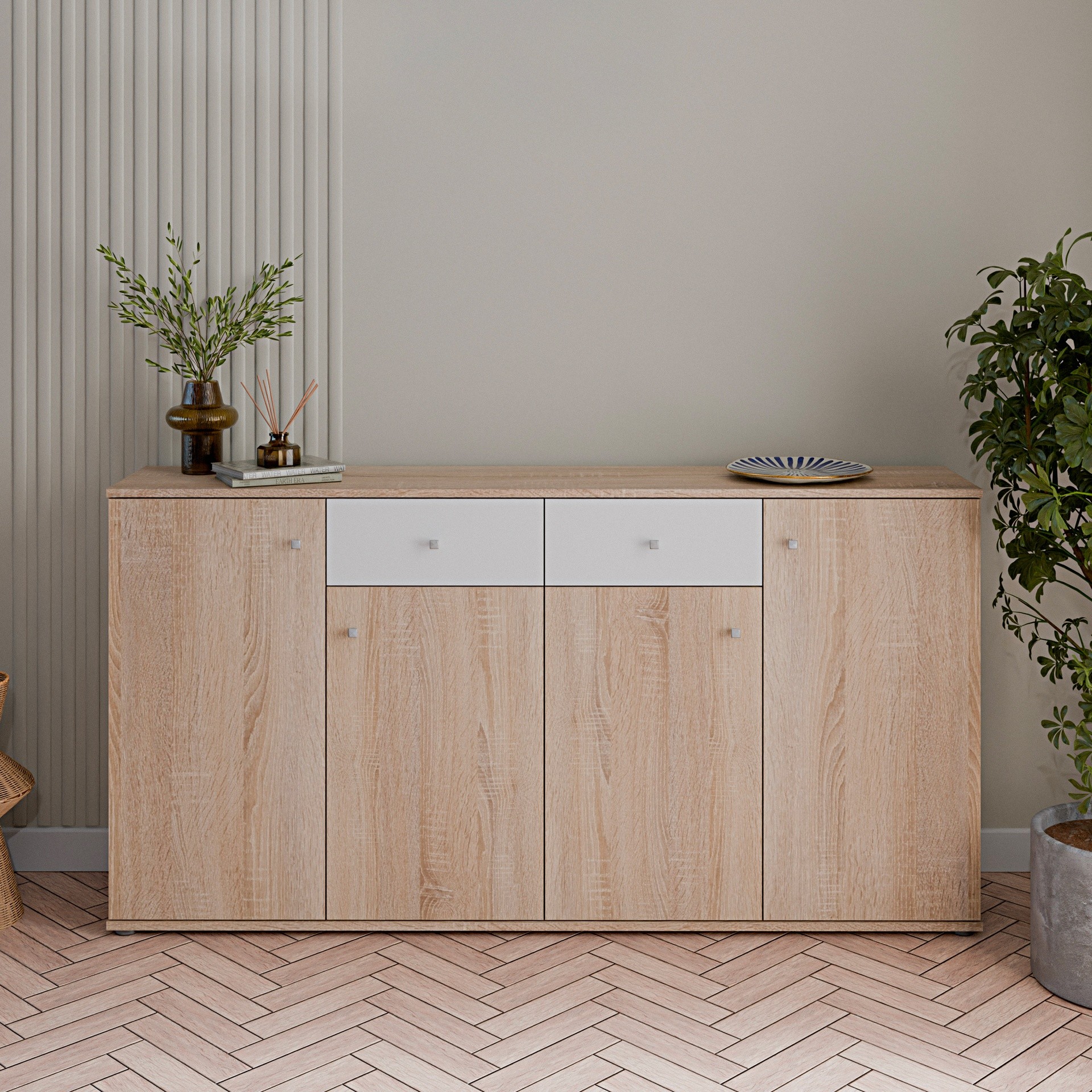 Madia Nilo con 4 ante colore rovere e 2 cassetti colore bianco Madia Nilo con 4 ante colore rovere e 2 cassetti colore bianco