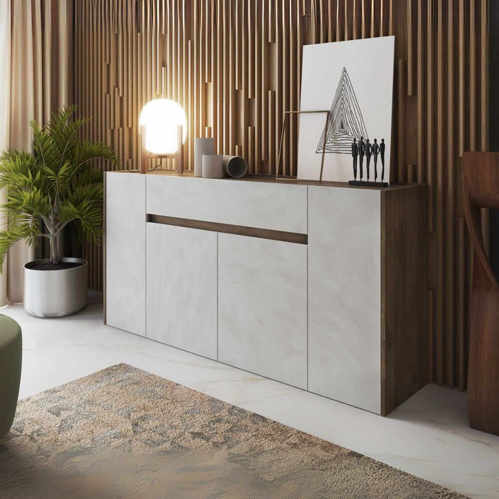 Madia Nordik 4 ante e 1 cassetto in colore noce eastwood e bianco spatolato Madia Nordik 4 ante e 1 cassetto in colore noce eastwood e bianco spatolato
