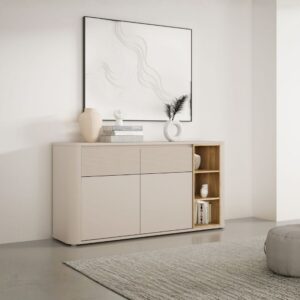 Madia Origin Core con 2 cassetti e 2 ante colore cashmere e nicchie a giorno con dettaglio rovere