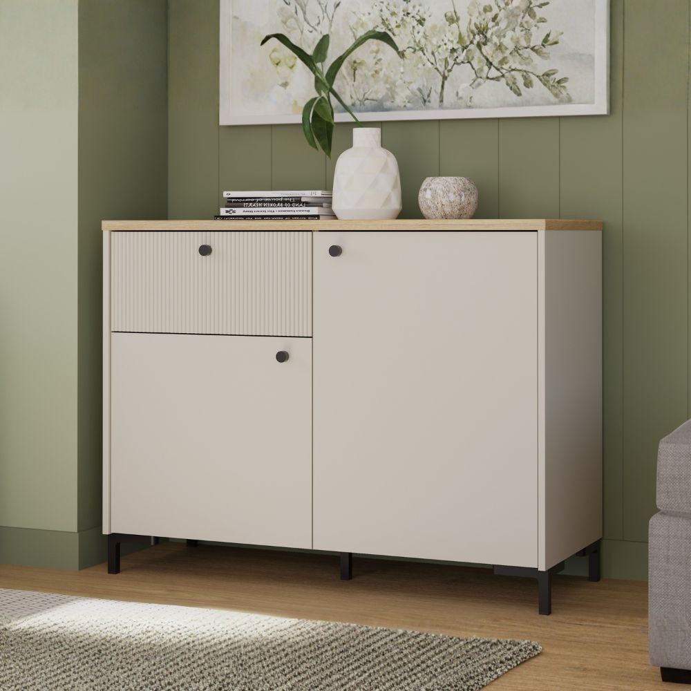Madia Unit 2 ante e 1 cassetto cannettato L 103.1 x P 41.9 x H 79 cm. colore cashmere con top rovere Madia Unit 2 ante e 1 cassetto cannettato L 103.1 x P 41.9 x H 79 cm. colore cashmere con top rovere