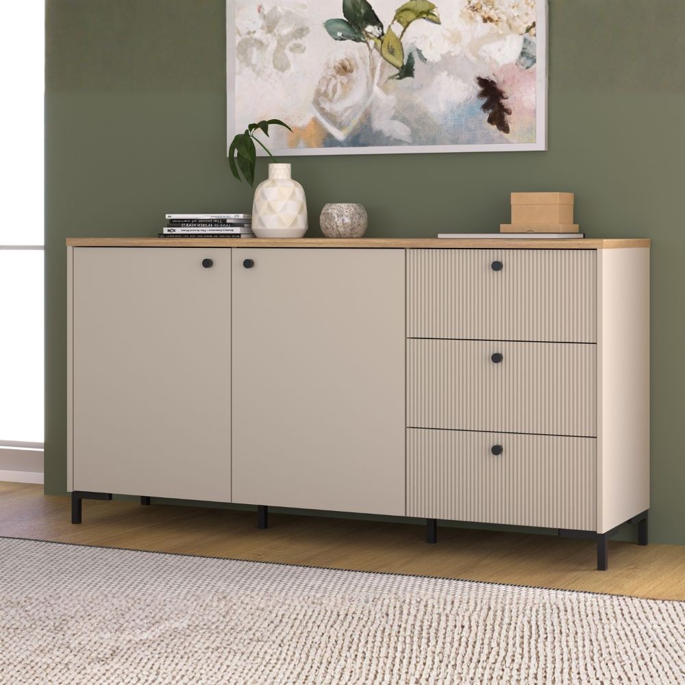 Madia Unit 2 ante e 3 cassetti cannettato L 152.80 x P 41.9 x H 79 cm. colore cashmere con top rovere Madia Unit 2 ante e 3 cassetti cannettato L 152.80 x P 41.9 x H 79 cm. colore cashmere con top rovere