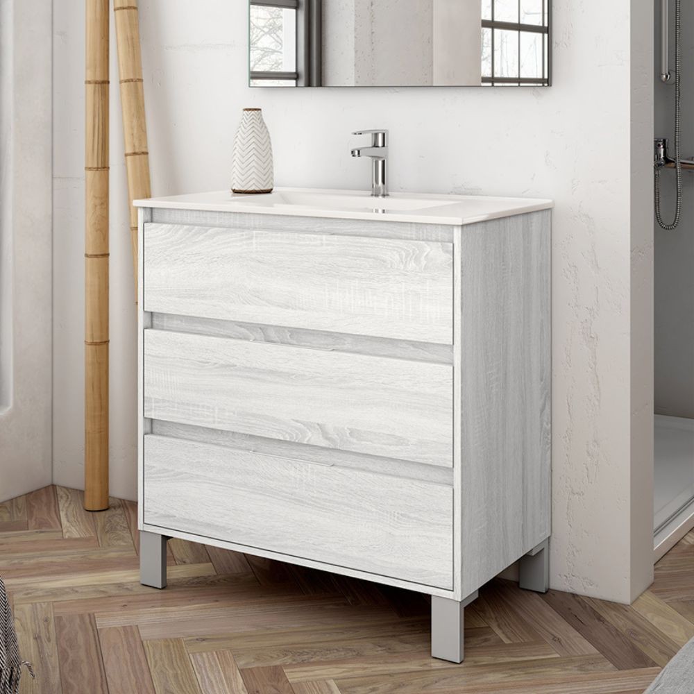 Mobile bagno Bolton con 3 cassetti 80x45x84 cm colore rovere grigio ghiaccio Mobile bagno Bolton con 3 cassetti 80x45x84 cm colore rovere grigio ghiaccio