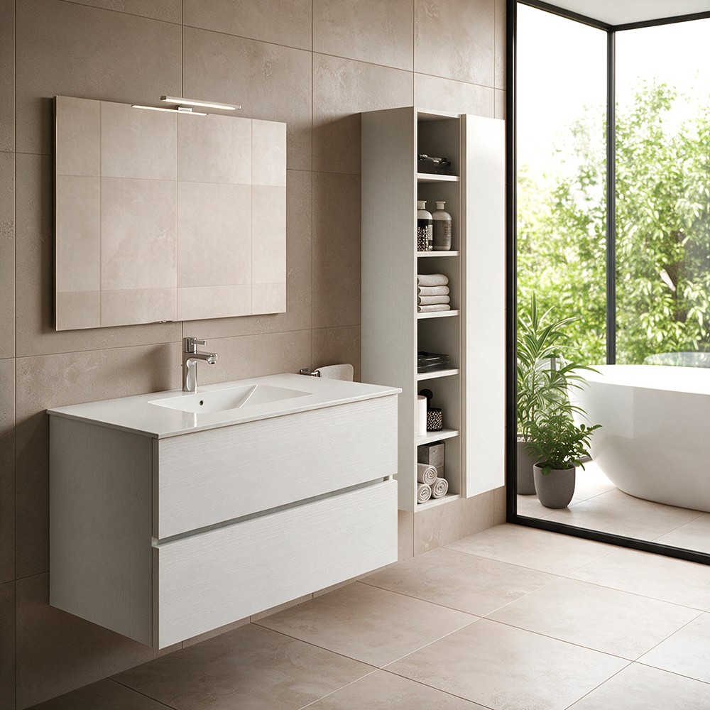 Mobile bagno con lavabo e specchio da 100 bianco frassinato Mobile bagno con lavabo e specchio da 100 bianco frassinato