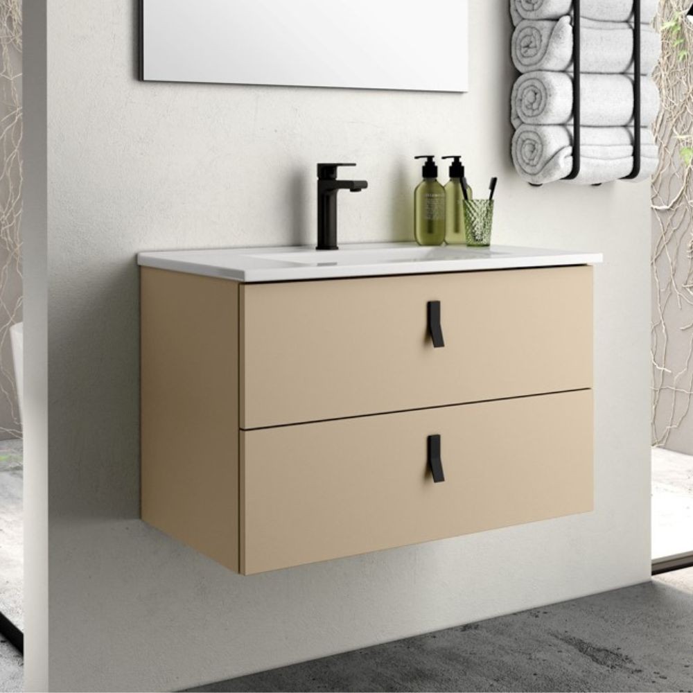 Mobile bagno sospeso Invicta con due cassetti colore cappuccino e maniglie nere 60x45x48 cm. Mobile bagno sospeso Invicta con due cassetti colore cappuccino e maniglie nere 60x45x48 cm.
