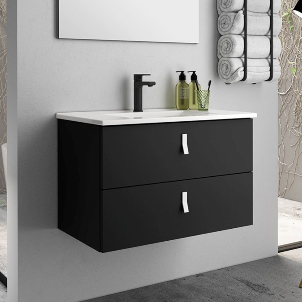 Mobile bagno sospeso Invicta con due cassetti colore nero e maniglie bianche 60x45x48 cm. Mobile bagno sospeso Invicta con due cassetti colore nero e maniglie bianche 60x45x48 cm.
