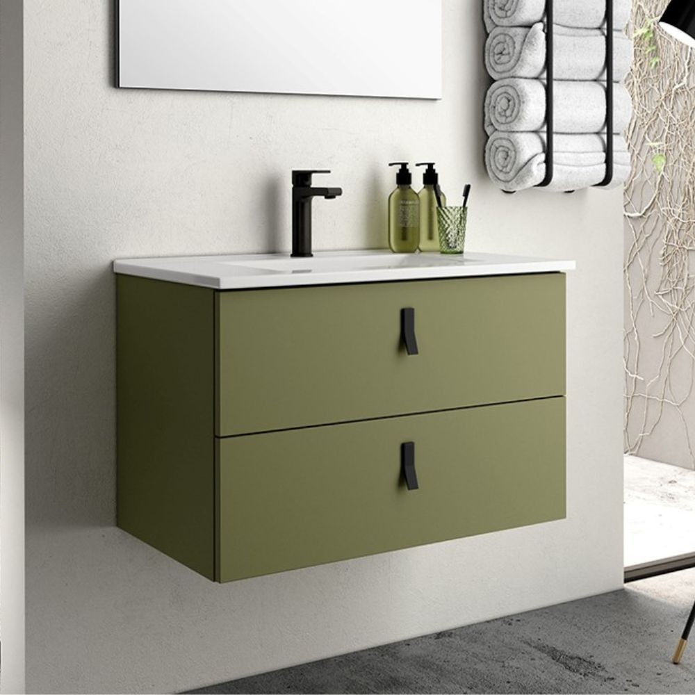 Mobile bagno sospeso Invicta con due cassetti colore verde oliva e maniglie nere 60x45x48 cm. Mobile bagno sospeso Invicta con due cassetti colore verde oliva e maniglie nere 60x45x48 cm.