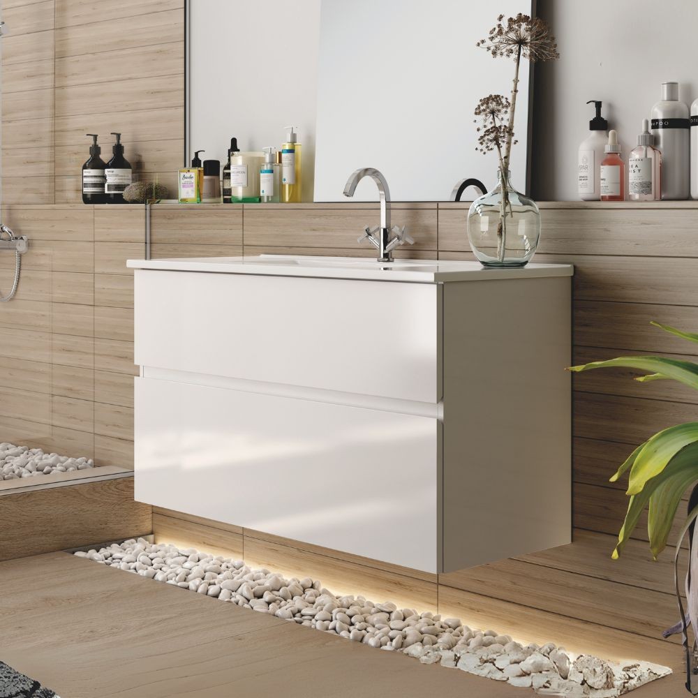Mobile bagno sospeso Londres con due cassetti 100x45x59 cm colore bianco lucido Mobile bagno sospeso Londres con due cassetti 100x45x59 cm colore bianco lucido