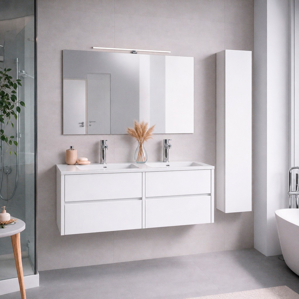 Mobile bagno sospeso Mike 140 cm. 4 cassetti con gola soft close colore bianco lucido laminato Made in Italy Mobile bagno sospeso Mike 140 cm. 4 cassetti con gola soft close colore bianco lucido laminato Made in Italy