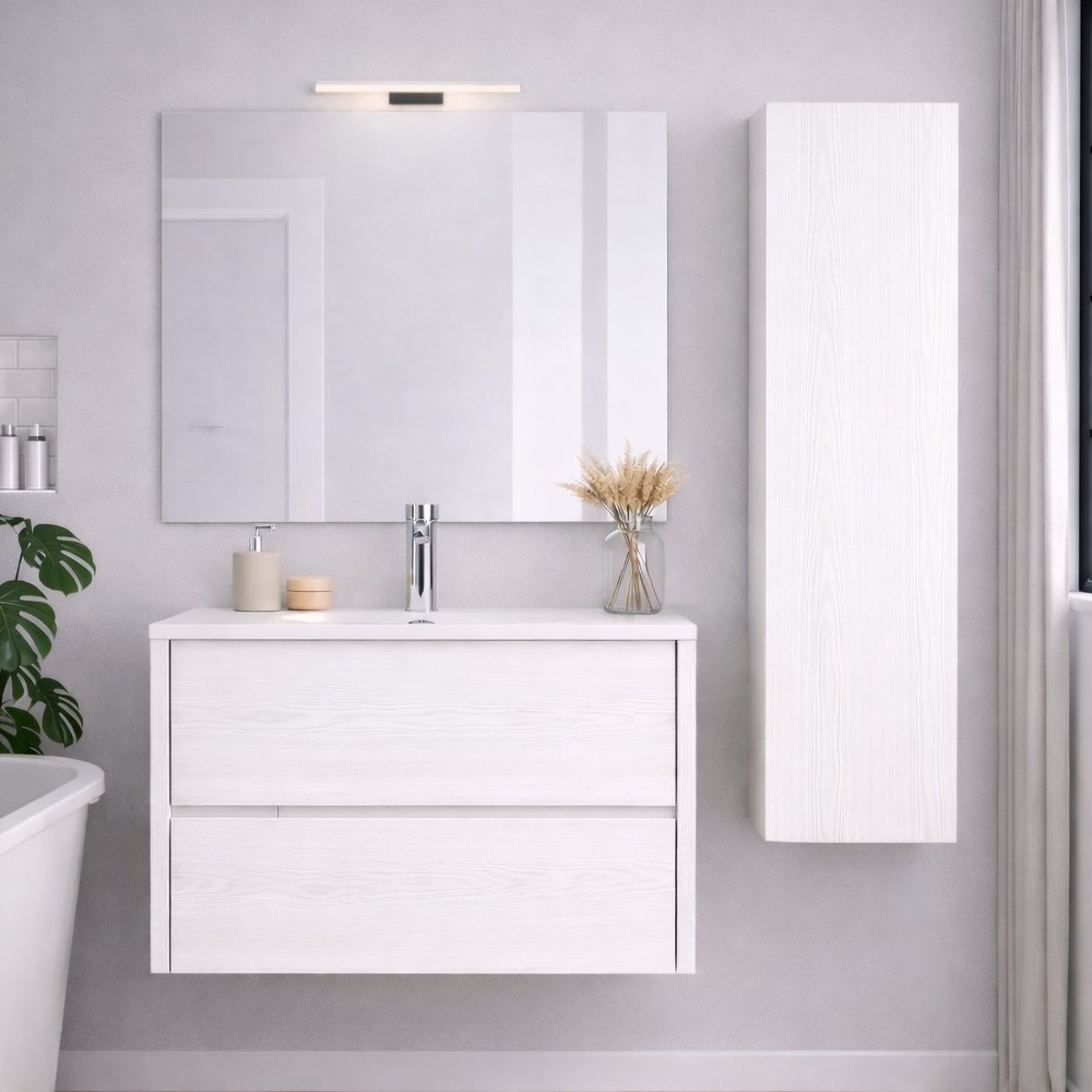 Mobile bagno sospeso Mike 80 cm. 2 cassetti con gola soft close colore bianco frassinato Made in Italy Mobile bagno sospeso Mike 80 cm. 2 cassetti con gola soft close colore bianco frassinato Made in Italy