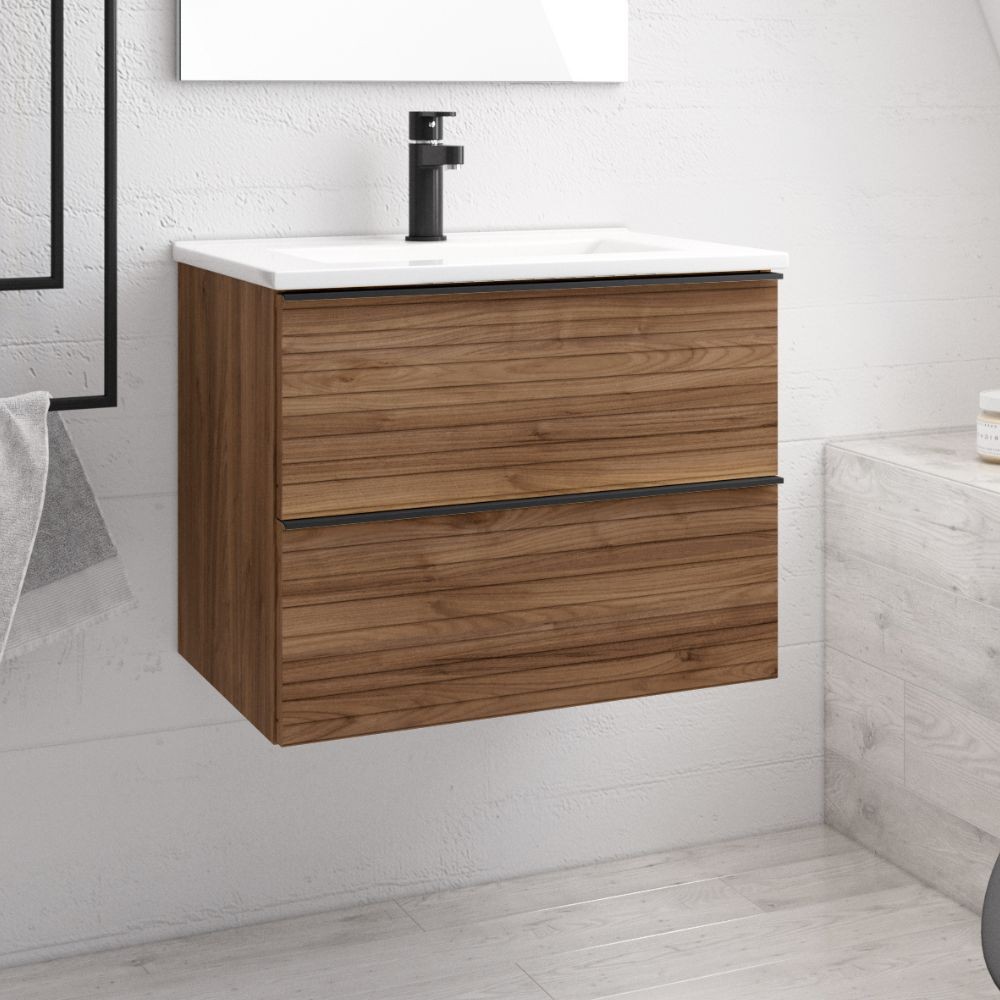 Mobile bagno sospeso Senda con 2 cassettoni colore noce effetto cannettato e maniglie nere 80x45.5x48 cm. Mobile bagno sospeso Senda con 2 cassettoni colore noce effetto cannettato e maniglie nere 80x45.5x48 cm.