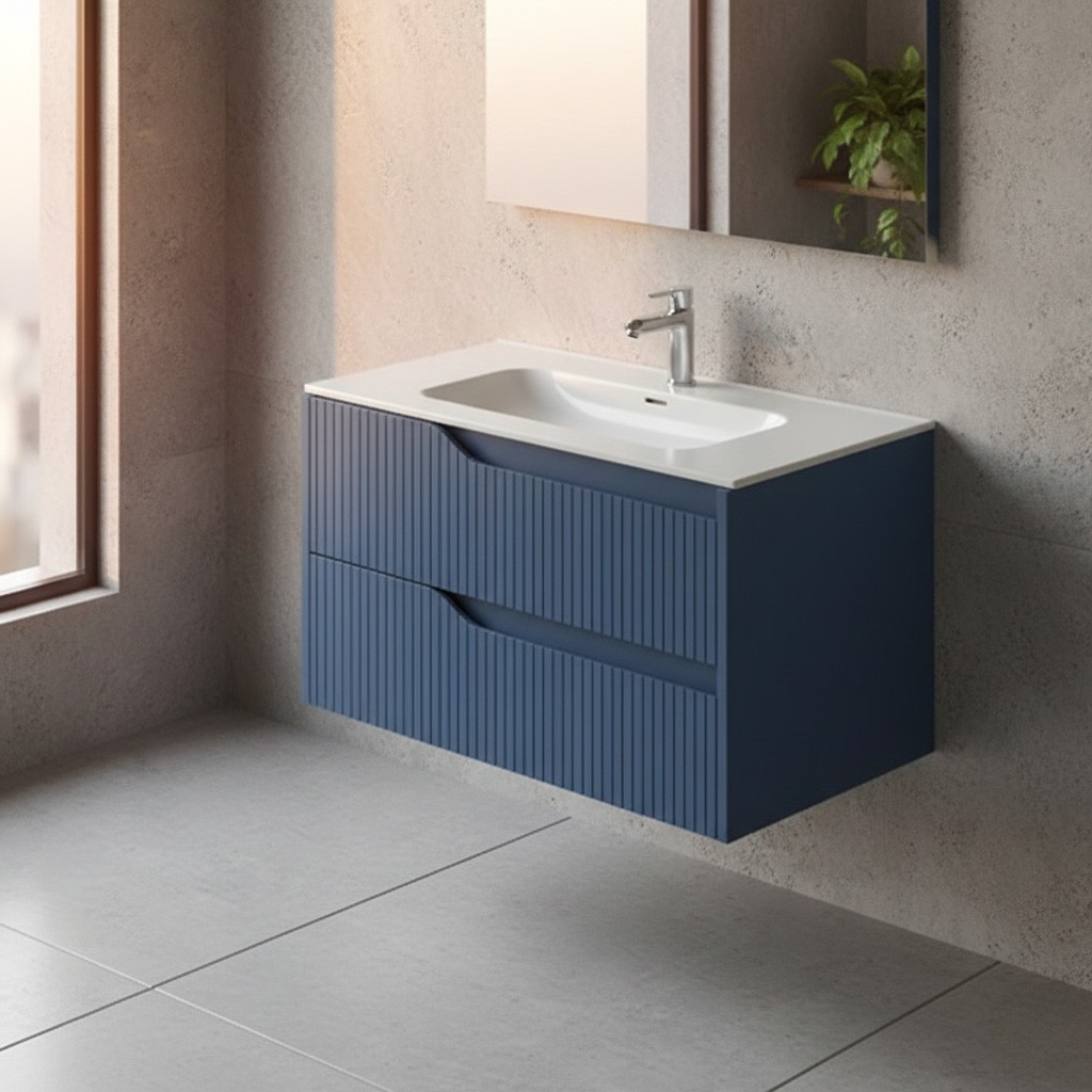 Mobile bagno sospeso Soho con due cassetti effetto cannettato colore azzurro 80x45x50 cm. Mobile bagno sospeso Soho con due cassetti effetto cannettato colore azzurro 80x45x50 cm.