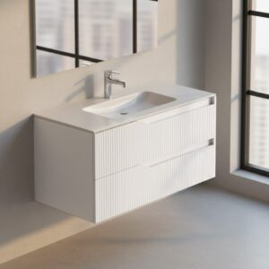 Mobile bagno sospeso Soho con due cassetti effetto cannettato colore bianco opaco 100x45x50 cm.