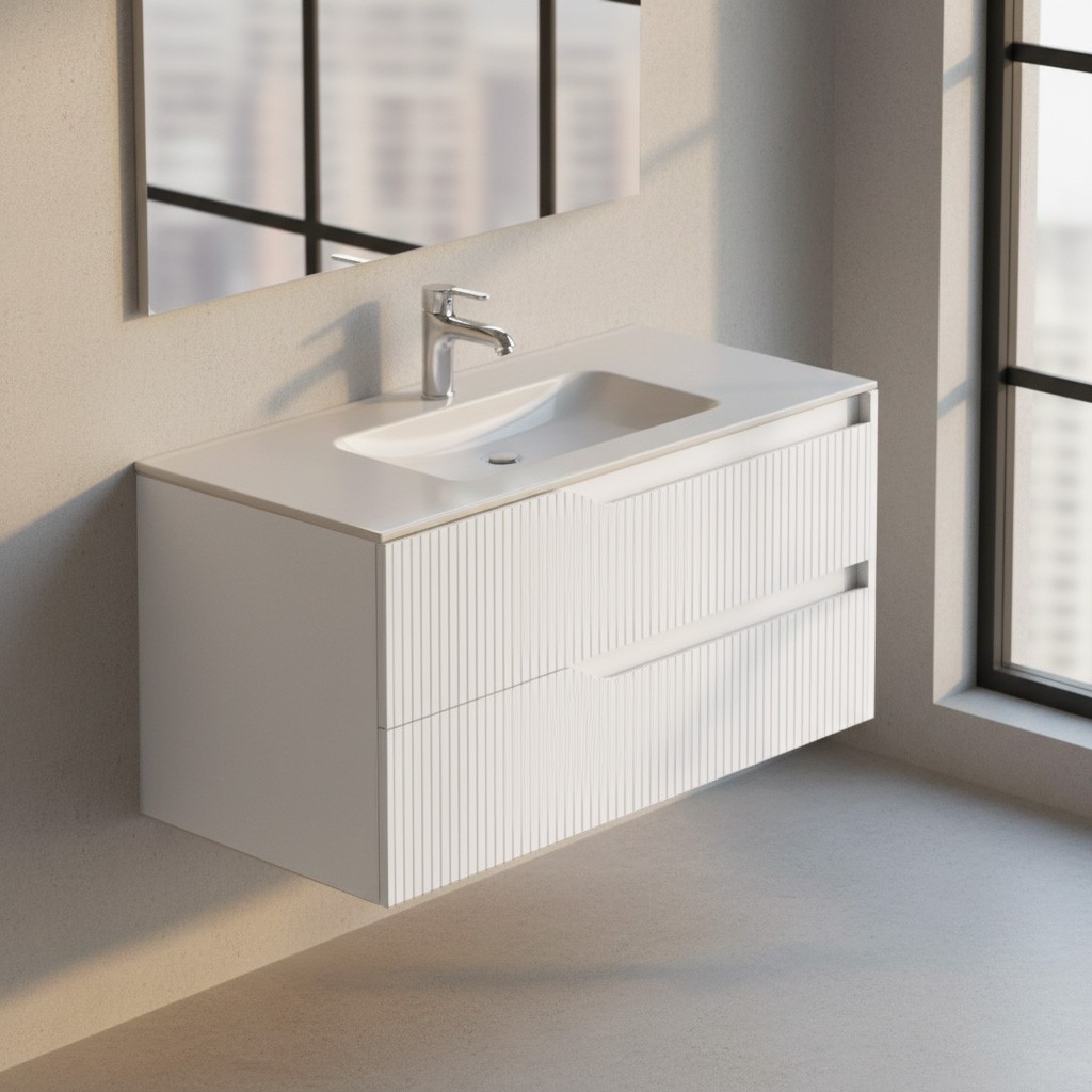 Mobile bagno sospeso Soho con due cassetti effetto cannettato colore bianco opaco 100x45x50 cm. Mobile bagno sospeso Soho con due cassetti effetto cannettato colore bianco opaco 100x45x50 cm.