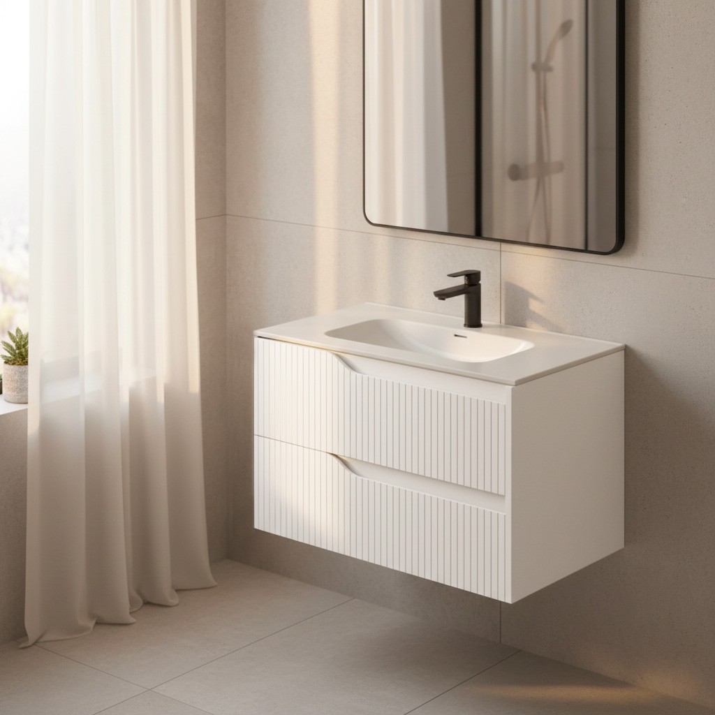 Mobile bagno sospeso Soho con due cassetti effetto cannettato colore bianco opaco 80x45x50 cm. Mobile bagno sospeso Soho con due cassetti effetto cannettato colore bianco opaco 80x45x50 cm.
