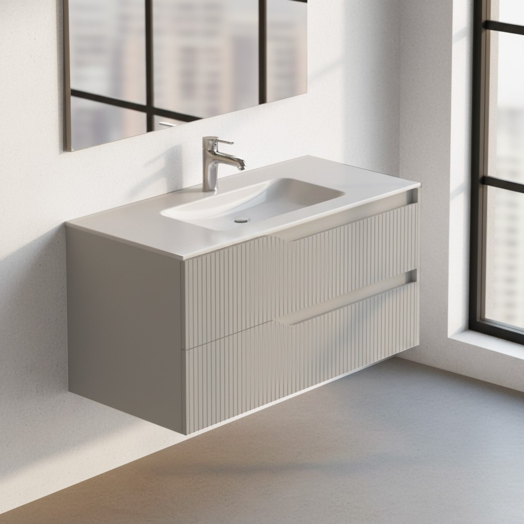 Mobile bagno sospeso Soho con due cassetti effetto cannettato colore cashmere opaco 100x45x50 cm. Mobile bagno sospeso Soho con due cassetti effetto cannettato colore cashmere opaco 100x45x50 cm.