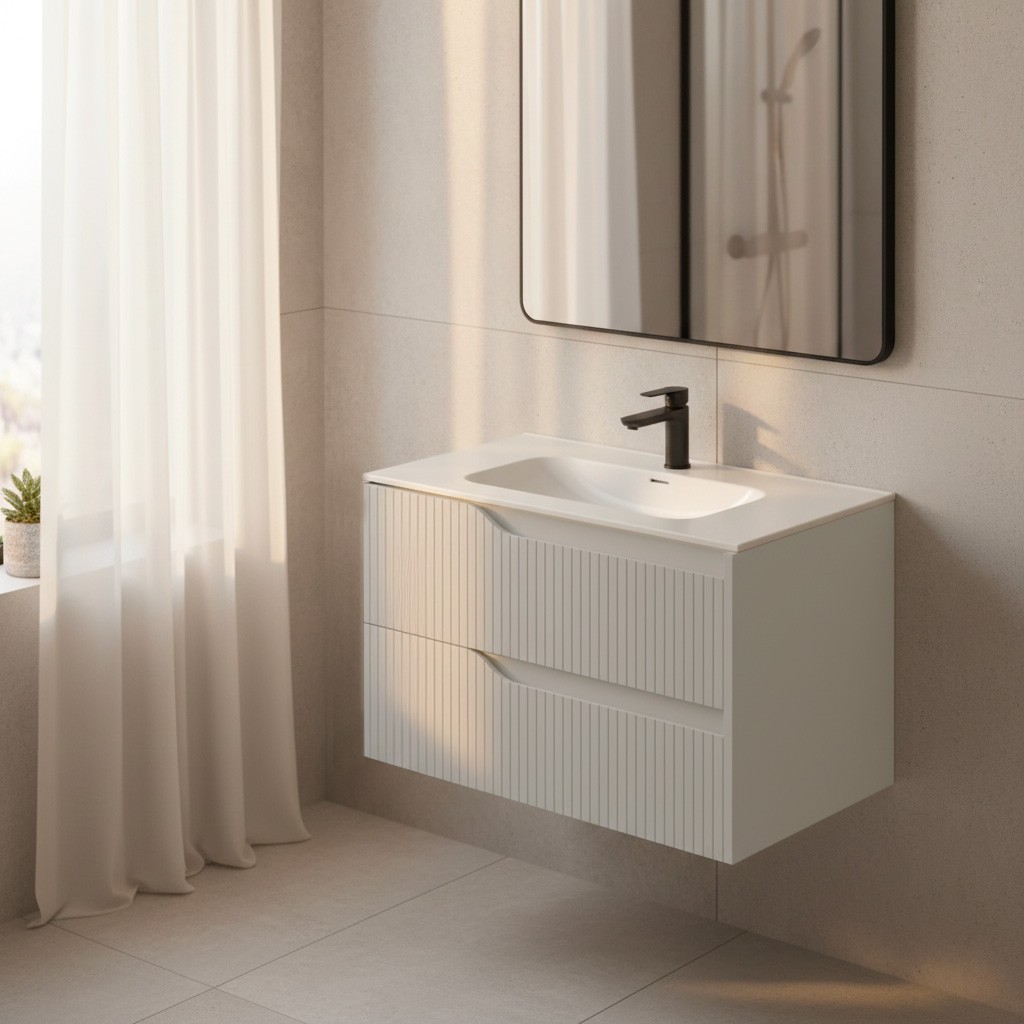Mobile bagno sospeso Soho con due cassetti effetto cannettato colore cashmere opaco 80x45x50 cm. Mobile bagno sospeso Soho con due cassetti effetto cannettato colore cashmere opaco 80x45x50 cm.