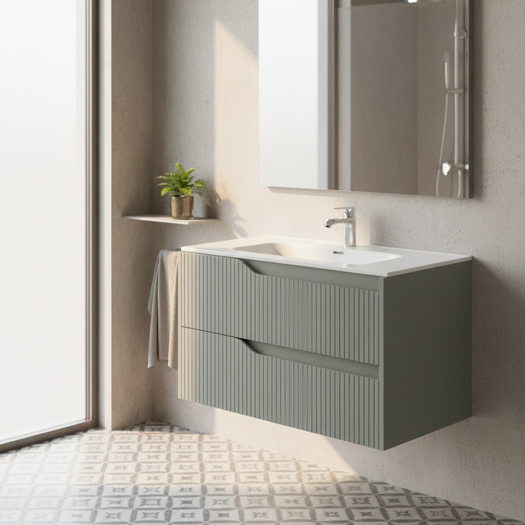 Mobile bagno sospeso Soho con due cassetti effetto cannettato colore verde opaco 80x45x50 cm. Mobile bagno sospeso Soho con due cassetti effetto cannettato colore verde opaco 80x45x50 cm.