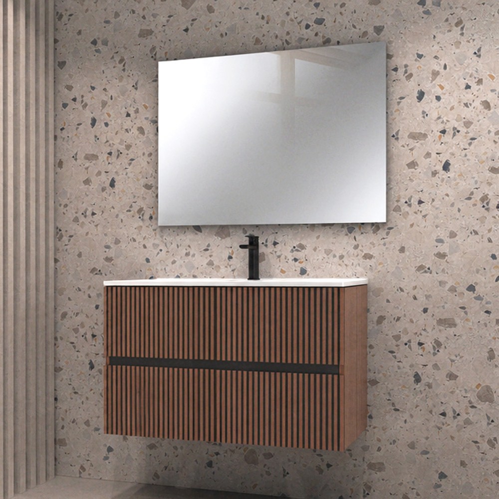 Mobile da bagno sospeso Belfast con due cassetti colore noce effetto cannettato Mobile da bagno sospeso Belfast con due cassetti colore noce effetto cannettato
