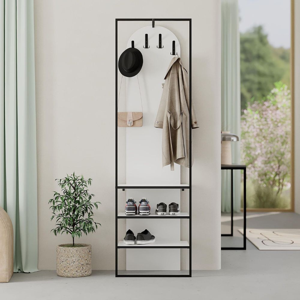 Mobile ingresso Archy con 4 ganci appendi abiti e scarpiera in colore bianco Mobile ingresso Archy con 4 ganci appendi abiti e scarpiera in colore bianco