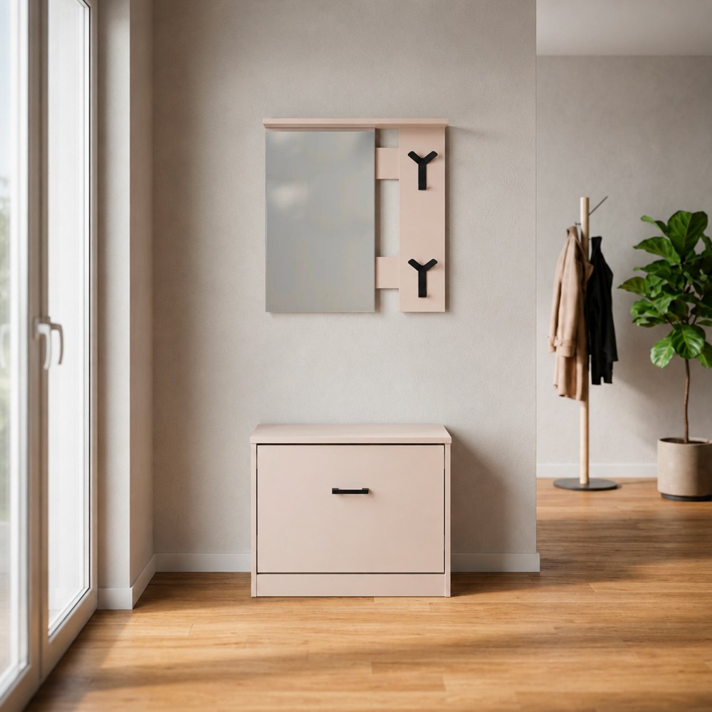 Mobile ingresso Limone41A con specchio ganci appendiabito e base scarpiera in beige Mobile ingresso Limone41A con specchio ganci appendiabito e base scarpiera in beige