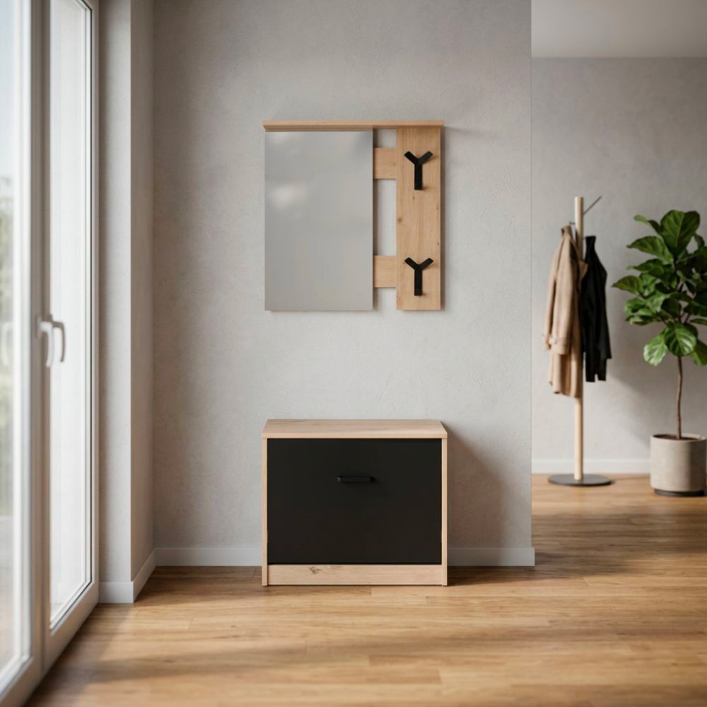 Mobile ingresso Limone41A con specchio ganci appendiabito e base scarpiera in rovere e nero Mobile ingresso Limone41A con specchio ganci appendiabito e base scarpiera in rovere e nero