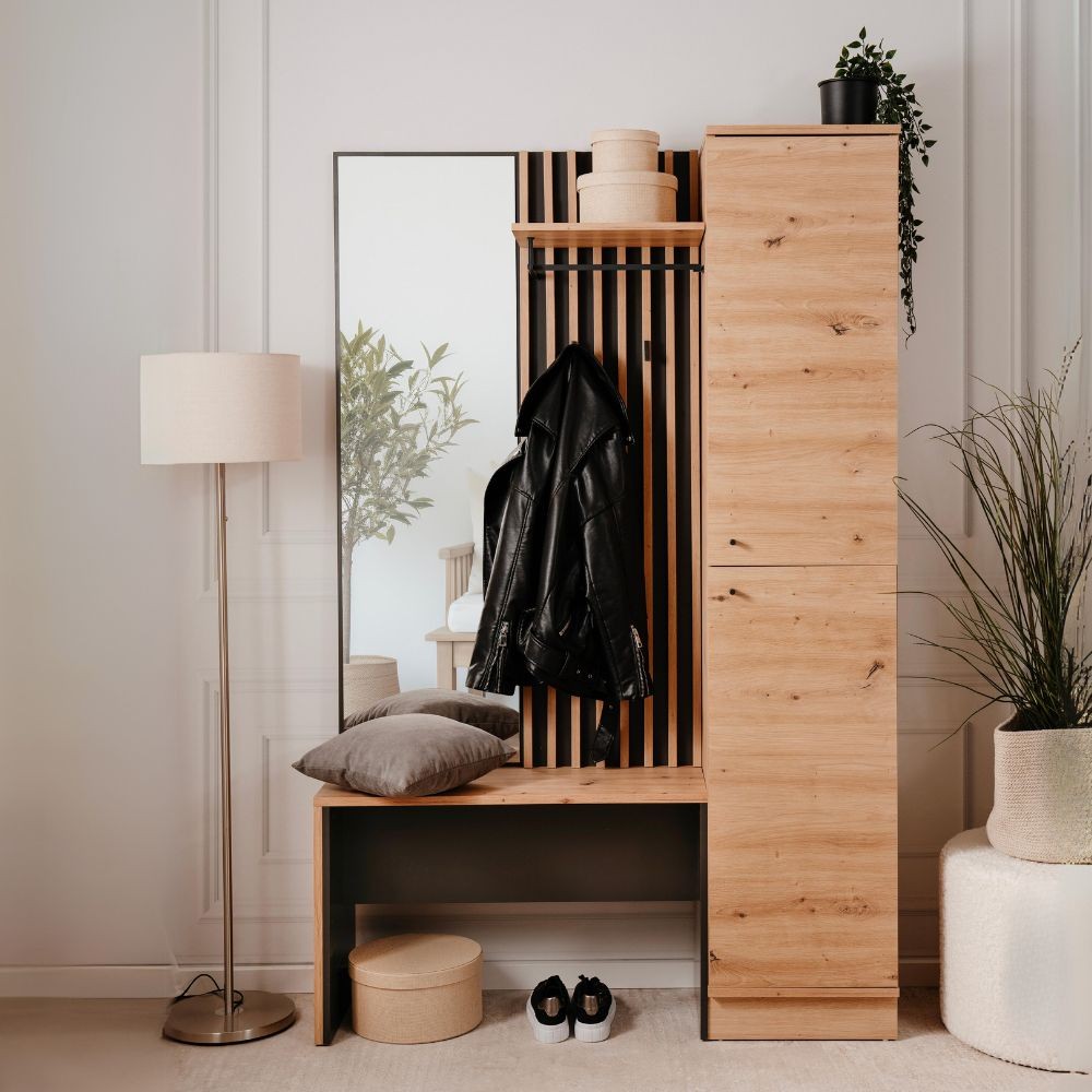 Mobile ingresso Medan 42B cannettato con 2 ante e panca colore quercia e antracite Mobile ingresso Medan 42B cannettato con 2 ante e panca colore quercia e antracite