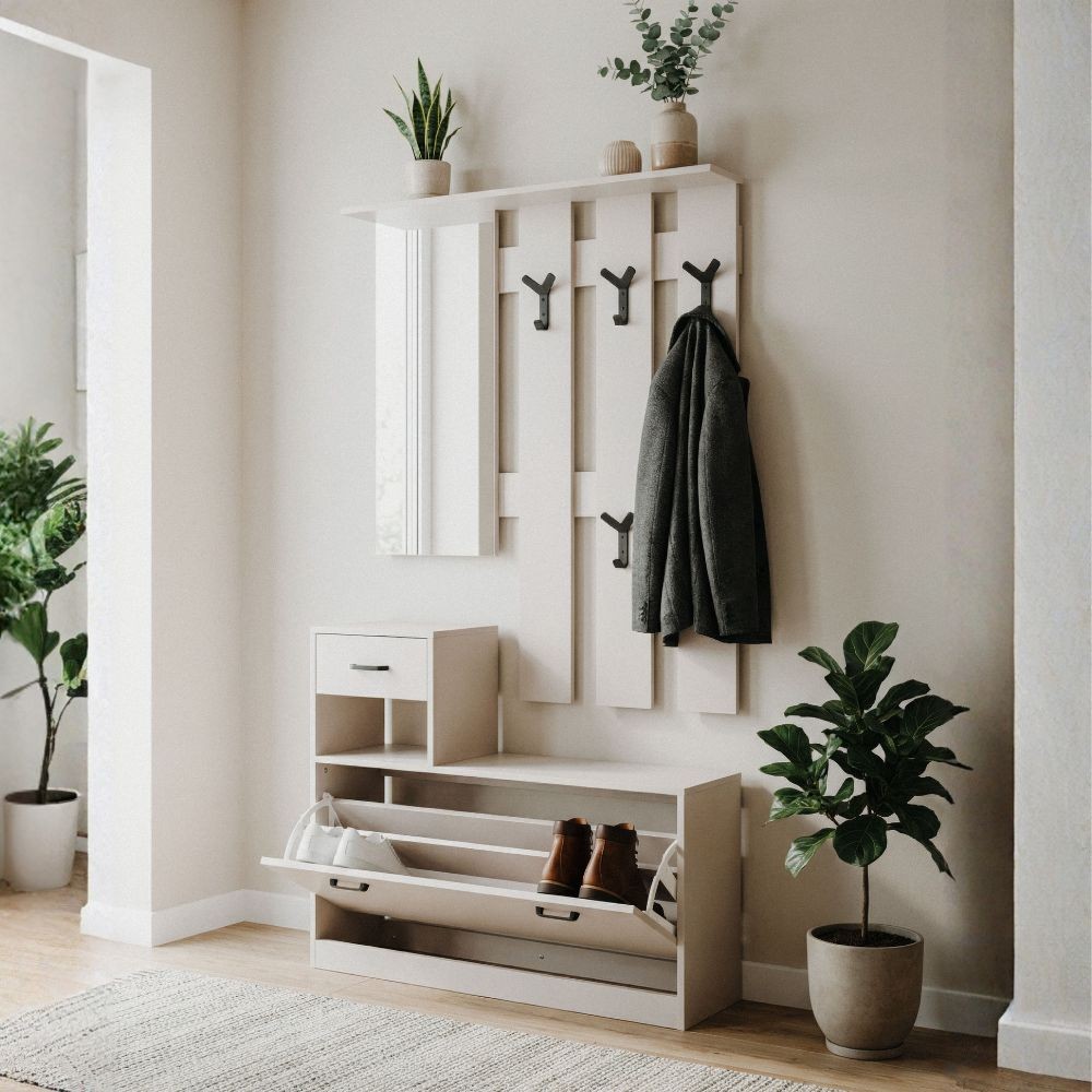Mobile ingresso Rudolf con specchio ganci appendiabito e base scarpiera in beige Mobile ingresso Rudolf con specchio ganci appendiabito e base scarpiera in beige