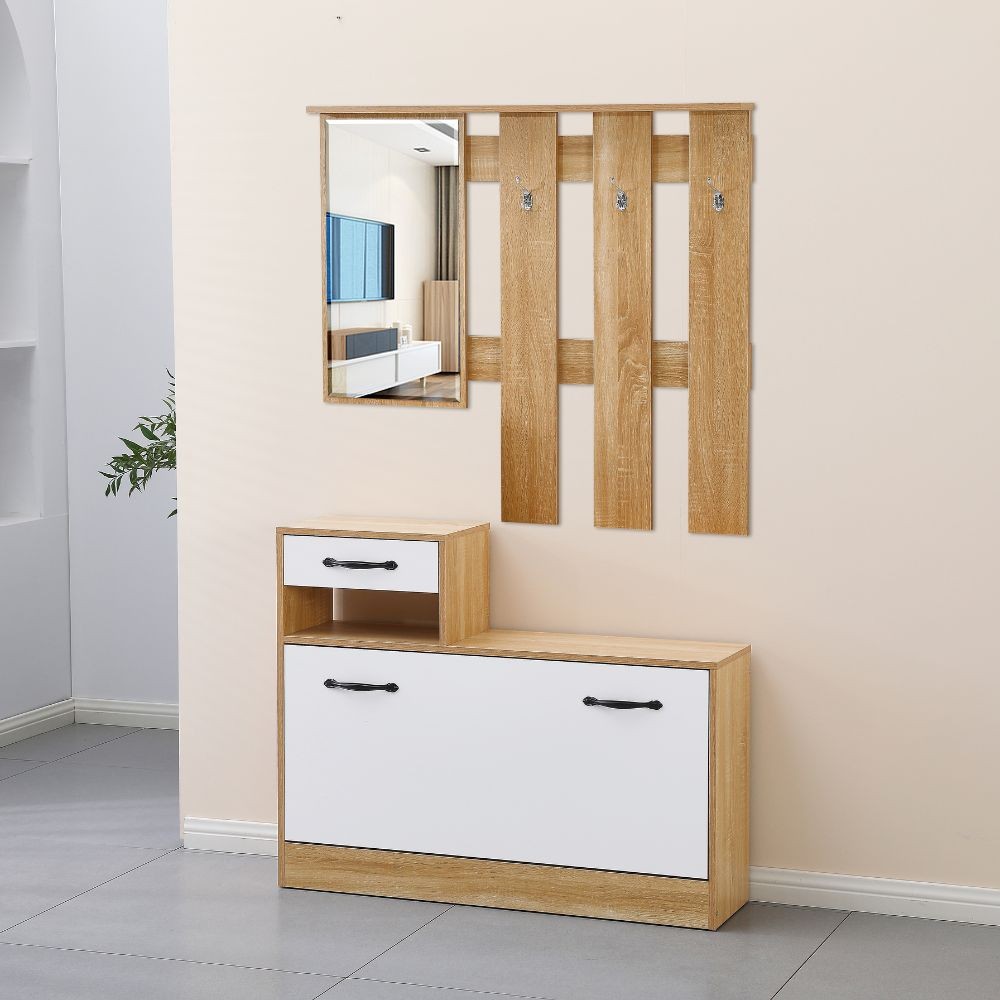 Mobile ingresso Rudolf XL bianco effetto lucido e rovere con maniglie nere Mobile ingresso Rudolf XL bianco effetto lucido e rovere con maniglie nere