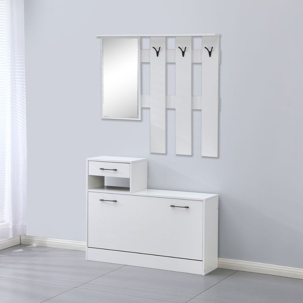 Mobile ingresso Rudolf XL con specchio e scarpiera colore bianco con maniglie nere Mobile ingresso Rudolf XL con specchio e scarpiera colore bianco con maniglie nere