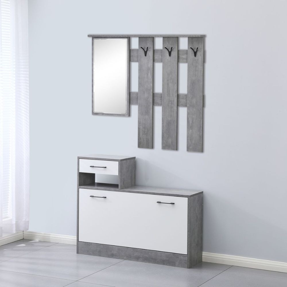 Mobile ingresso Rudolf XL con specchio e scarpiera colore cemento e bianco con maniglie nere Mobile ingresso Rudolf XL con specchio e scarpiera colore cemento e bianco con maniglie nere