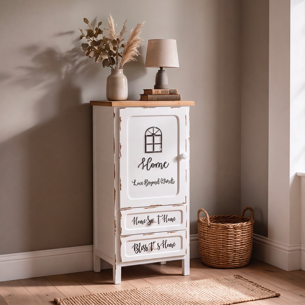 Mobile multiuso Breslavia con 1 anta e 2 cassetti H 100 cm. in stile shabby colore bianco e piano rovere Mobile multiuso Breslavia con 1 anta e 2 cassetti H 100 cm. in stile shabby colore bianco e piano rovere