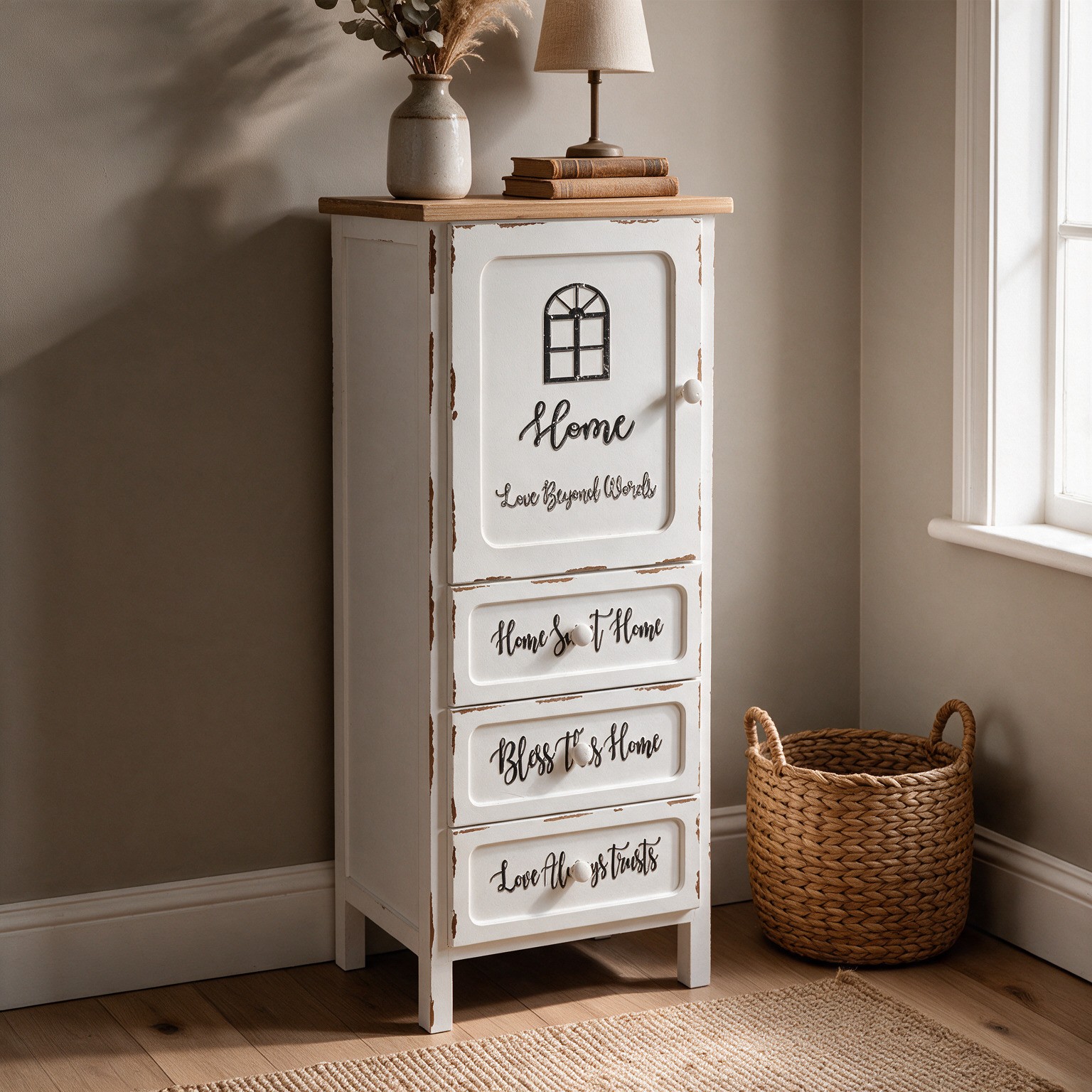 Mobile multiuso Breslavia con 1 anta e 3 cassetti in stile shabby colore bianco e piano rovere Mobile multiuso Breslavia con 1 anta e 3 cassetti in stile shabby colore bianco e piano rovere