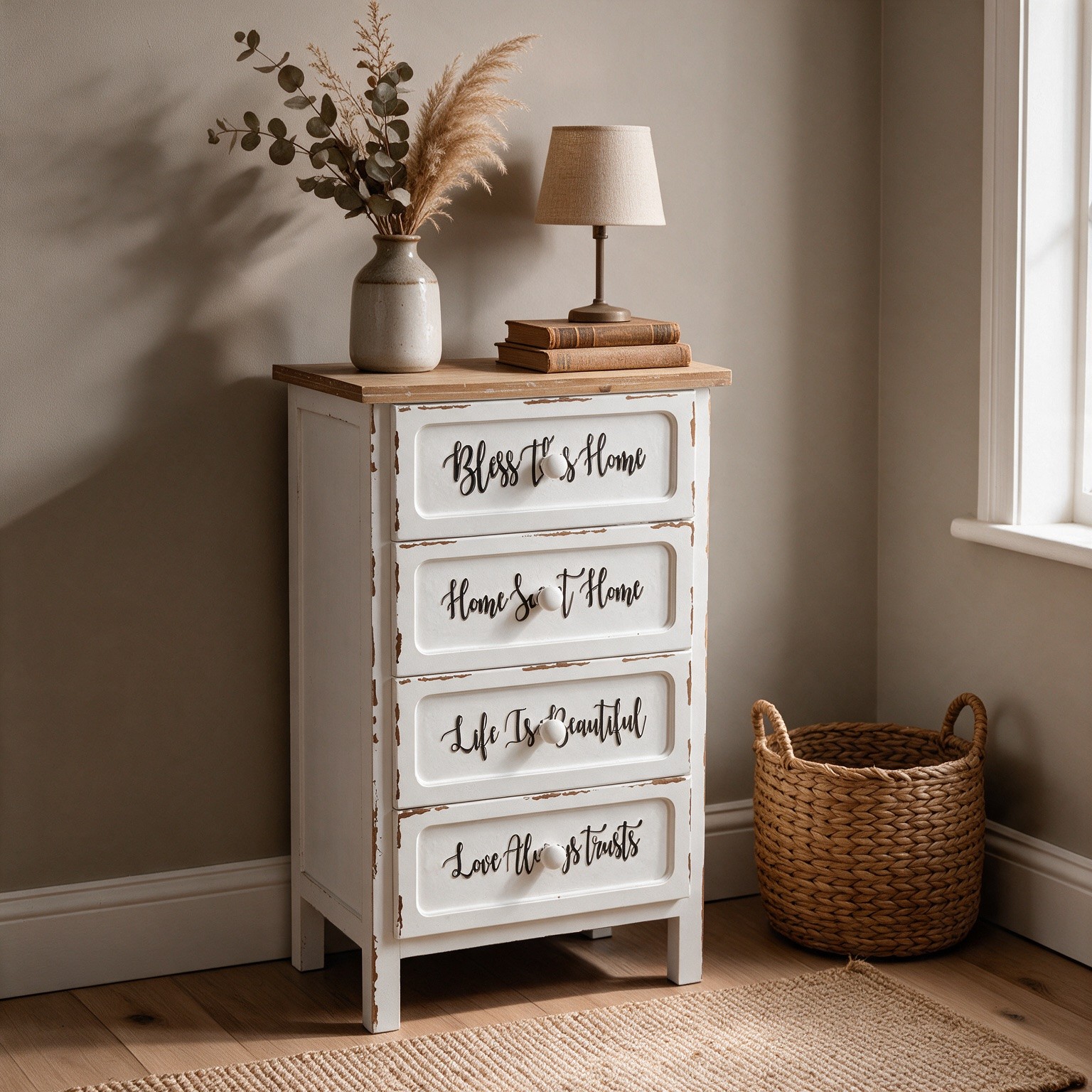 Mobile multiuso Breslavia con 4 cassetti in stile shabby colore bianco e piano rovere Mobile multiuso Breslavia con 4 cassetti in stile shabby colore bianco e piano rovere