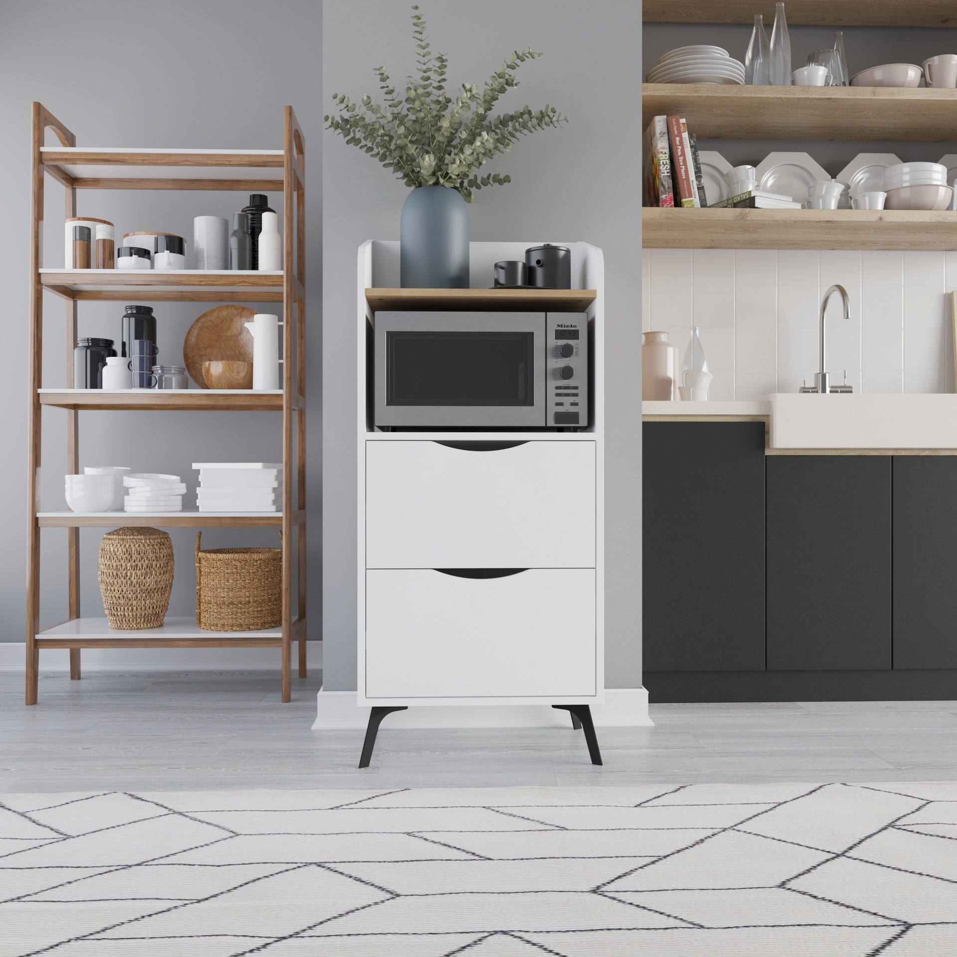 Mobile multiuso Gorki con cassetti bianchi e ripiano rovere Mobile multiuso Gorki con cassetti bianchi e ripiano rovere